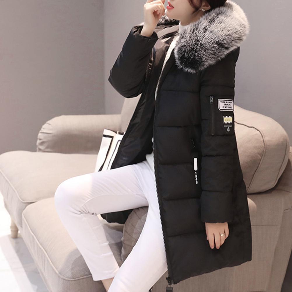 Comprimento médio das mulheres Casaco com capuz, Windproof, Algodão, Zíper, Bolsos, Espessado, Acolchoado, Quente, Inverno
