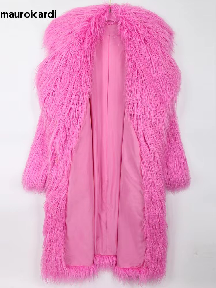 Mauroicardi Winter Dicke Warme Shaggy Haarigen Flauschigen Farbige Helle Rosa Lange Faux Pelzmantel Frauen Lose Luxus Pelzigen Mantel 2025