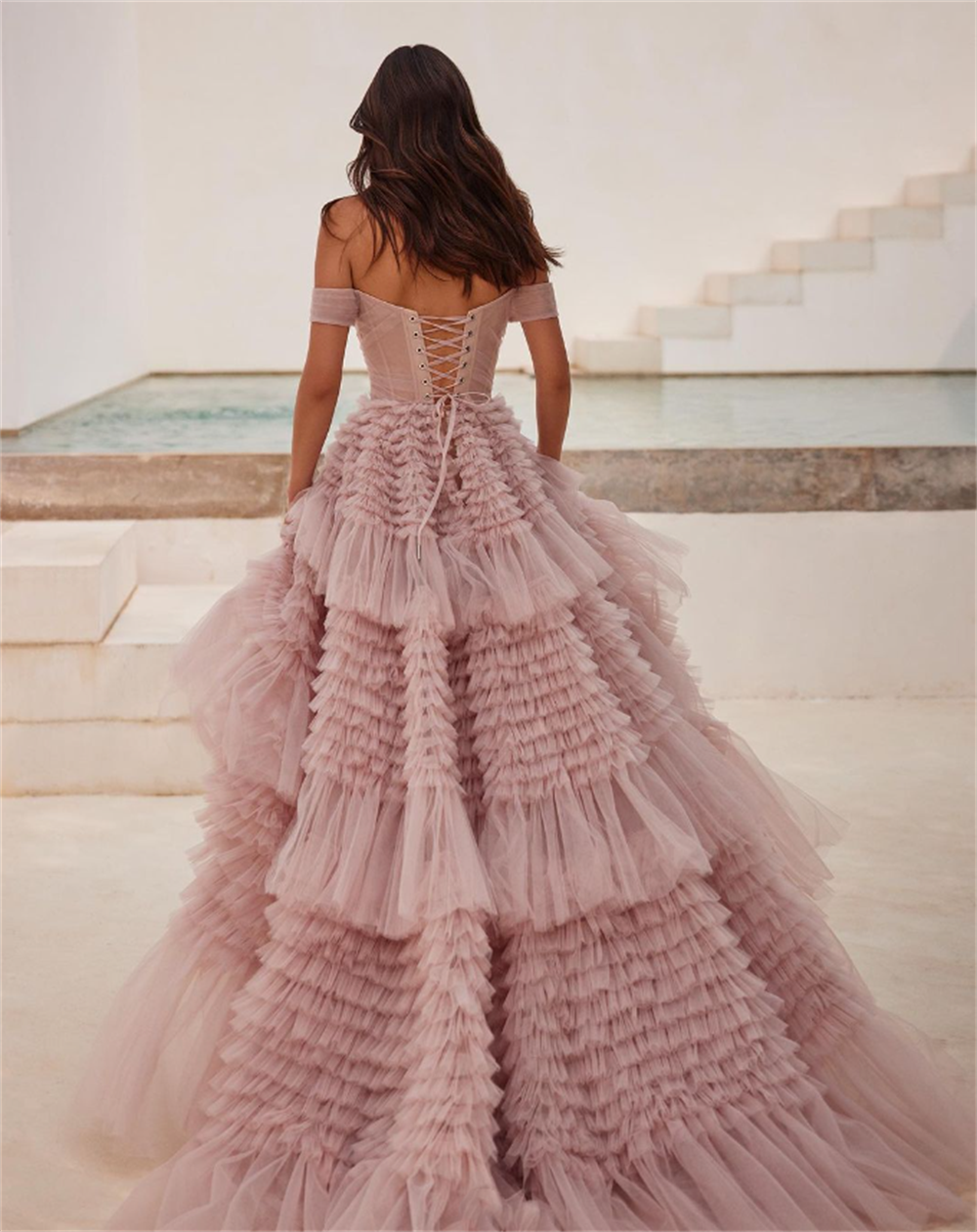 Sansa-vestido De fiesta De tul con hombros descubiertos, color rosa, multicapa, personalizado, con cordones en la espalda, sin mangas, 2024