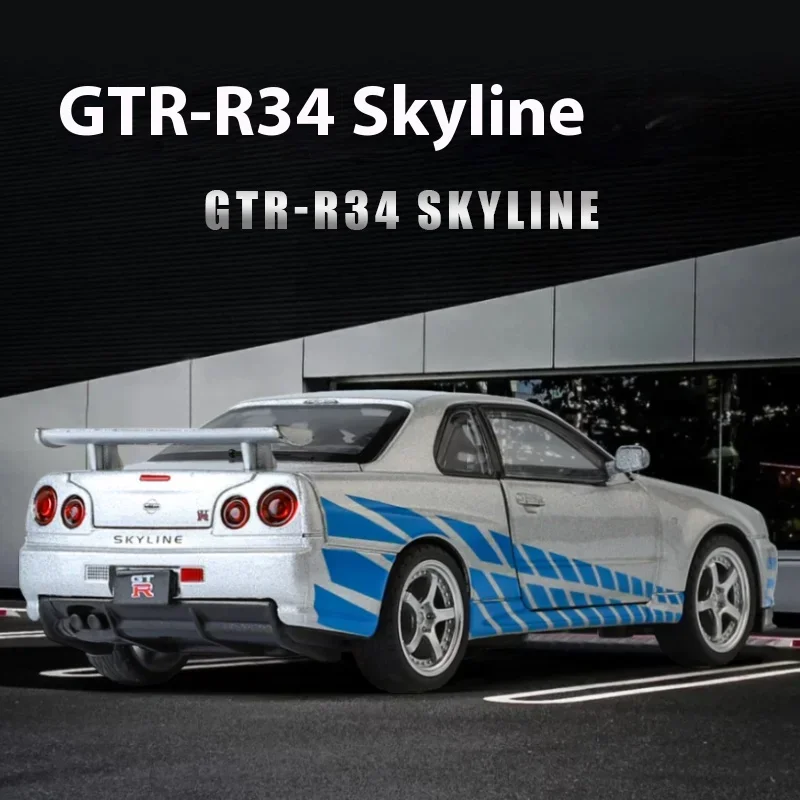 Nissan GTR R34 Skyline Supercar Model Toy para crianças, liga de metal, Diecast Racing Car, Simulação Som Luz, Presente, 1:32