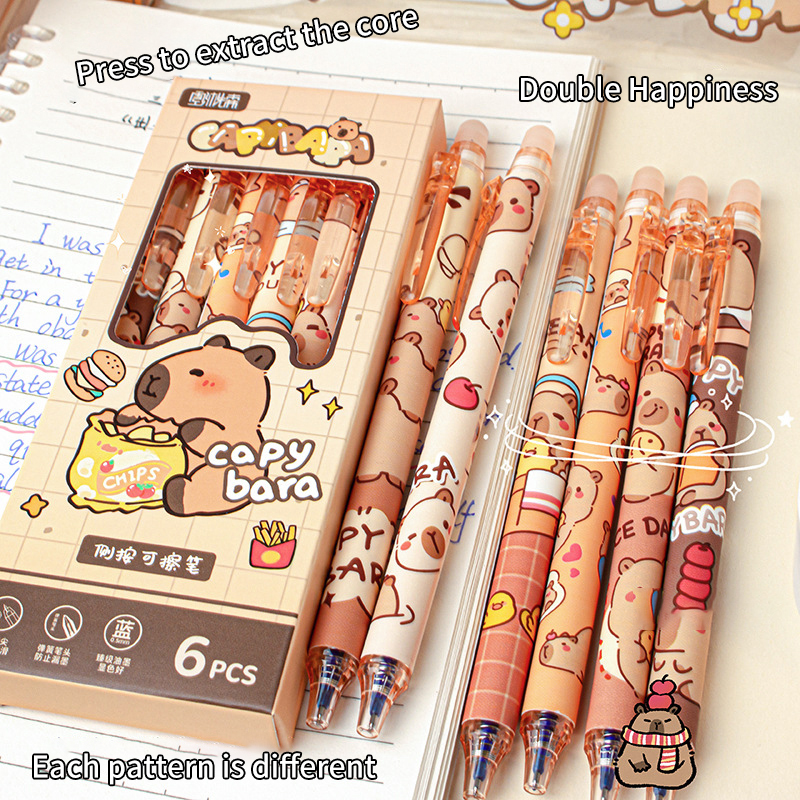 Juego de bolígrafos de Gel Kawaii Capybara, tinta negra y azul de secado rápido, bonitos bolígrafos de Gel a presión, papelería estética, suministros escolares y de oficina, 6 piezas