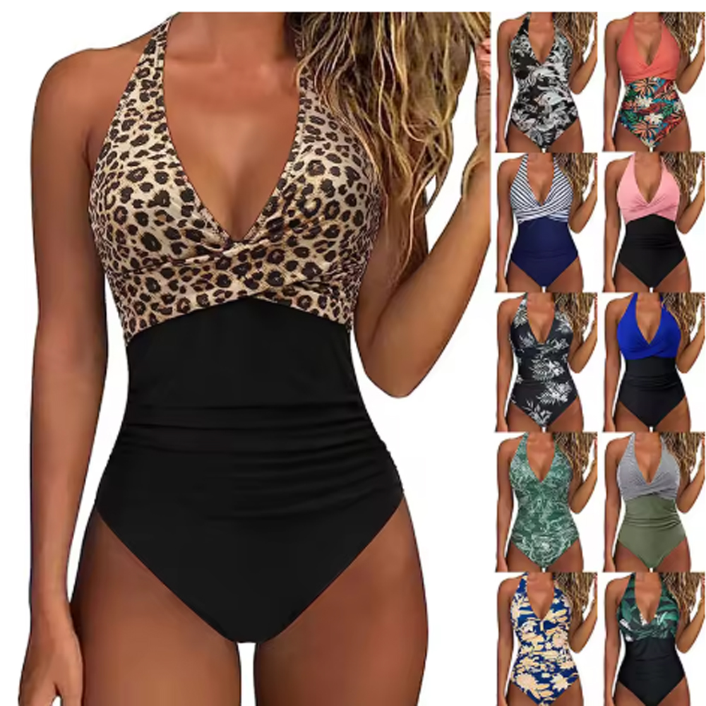 2025 Print One Piece Swimsuit Women Sexy Pleated Bathing Suit Leopard Printed Bodysuit Bikini Set Summer Fashion New Beachwear