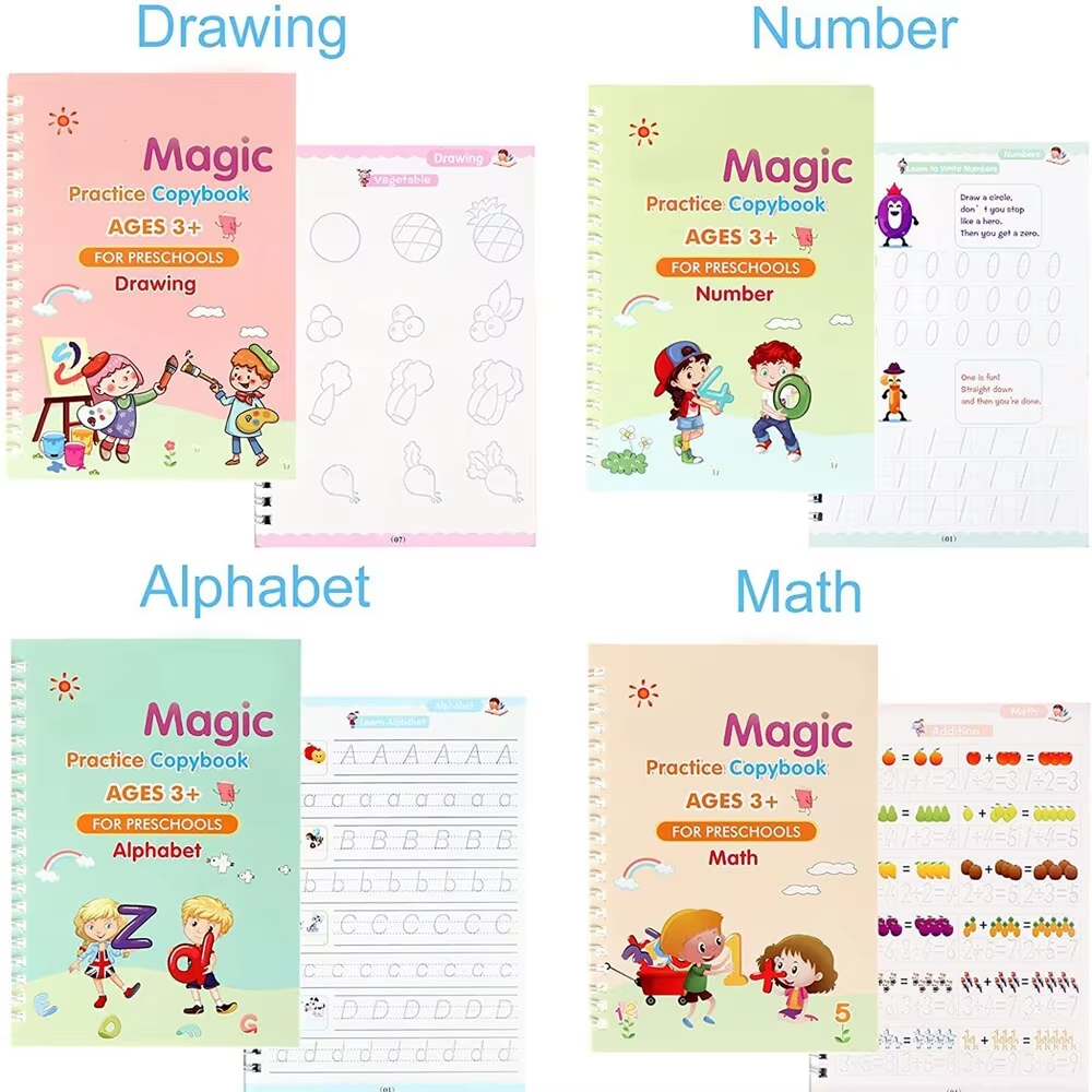 4 本ペンマジックライティングブック書道ノートブックモンテッソーリ子供再利用可能な教育書道文字練習おもちゃ
