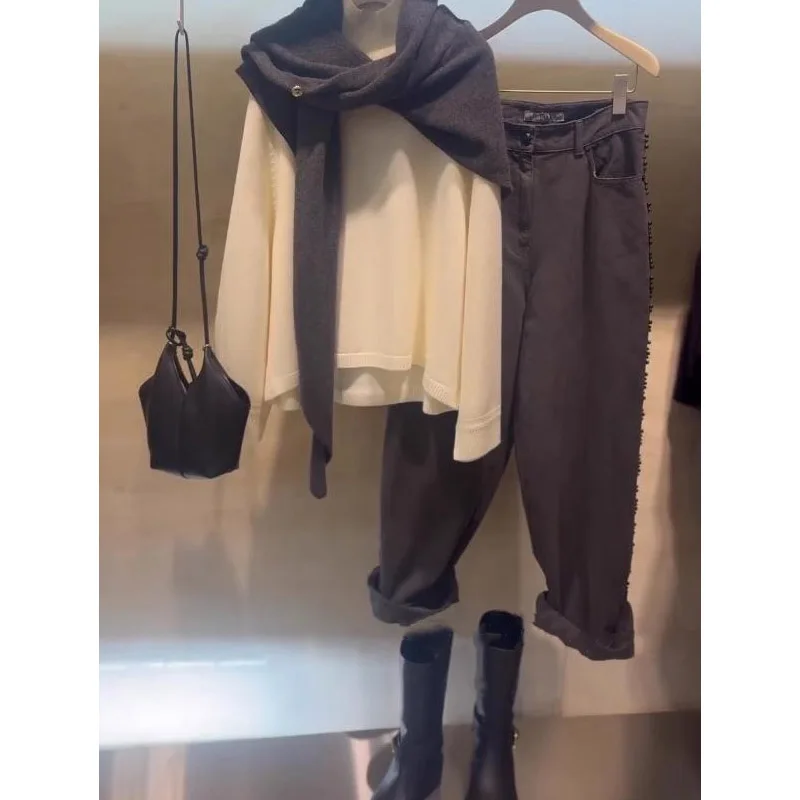 「Marca de lujo」Corea del Sur 24 Otoño e Invierno hebilla triangular a juego chal tejido de lana para mujer grande