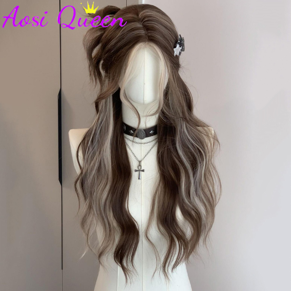 AosiQueen ブラウンブロンドロング波状合成かつら中間部ナチュラルウィッグ耐熱コスプレパーティー毎日の髪のかつら女性のための