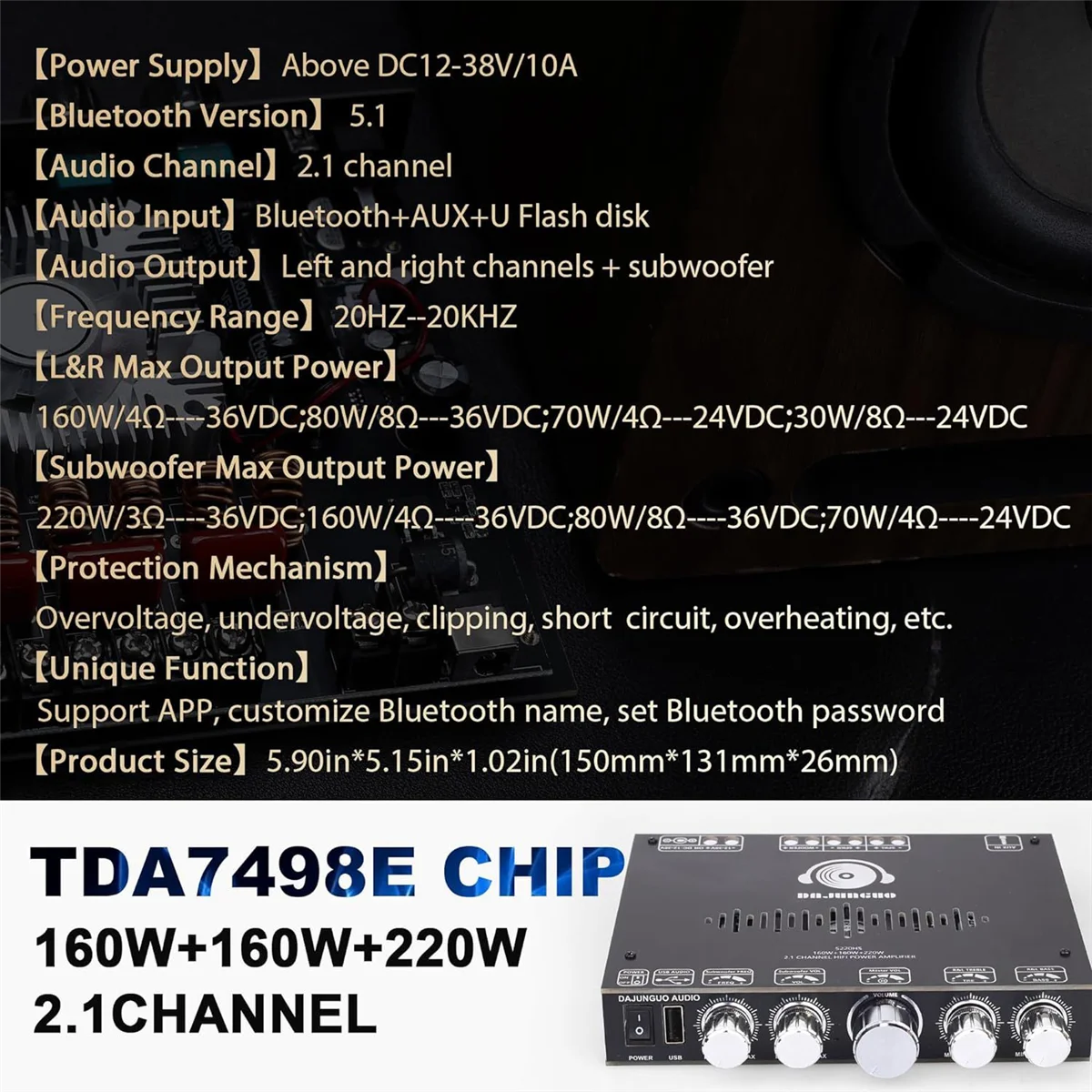 DAJUNGUO S220HS Bluetooth Power Amplifier Board, 2.1 Channel TDA7498E 160Wx2+220W, 12V-38V Audio Power Amplifier Module