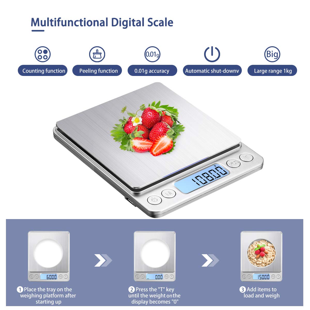 Digital Kitchen Jewelry Scale 3000g/0.1g Battery USB Charging 2 Trays LCD Display Portable Mini Pocket Food Scale