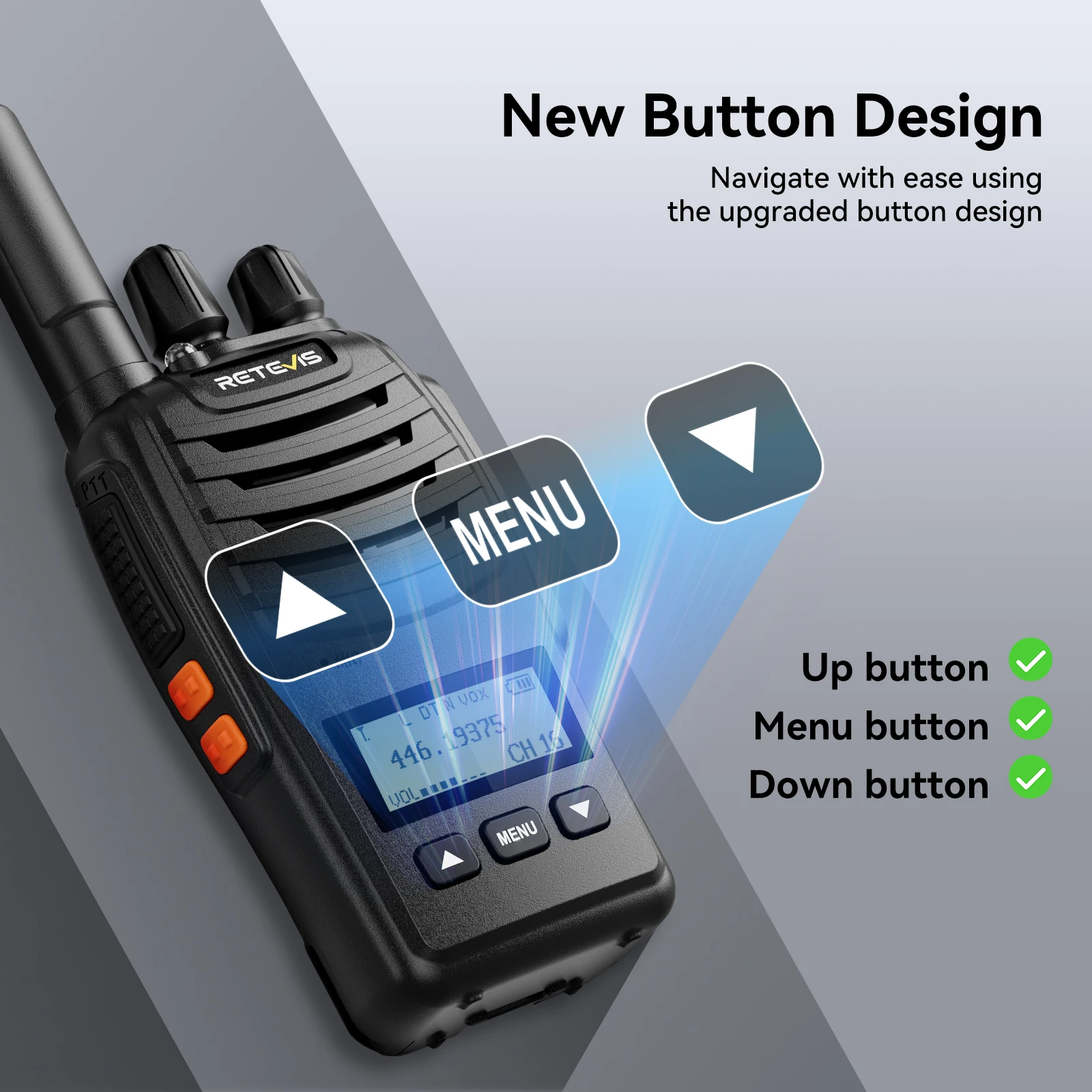 Retevis H777D (H777 mejorado) Walkie-talkie portátil con pantalla LCD, sin licencia, radio de largo alcance tipo C para camping