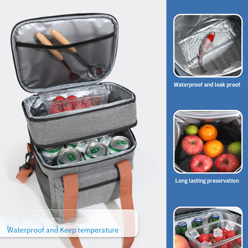 1PC 대용량 점심 가방 이중 레이어 보온 피크닉 가방 음식 음료 보관 토트백 숄더 스트랩 쿨러 가방