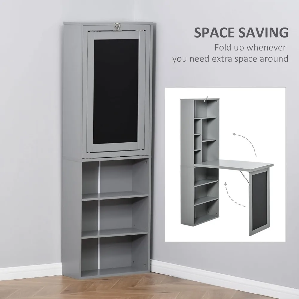 Fold-Out Convertible Writing Table Wall Mount Desk Cabinet with Blackboard and Side Shelf Multi-Function Home Office Work