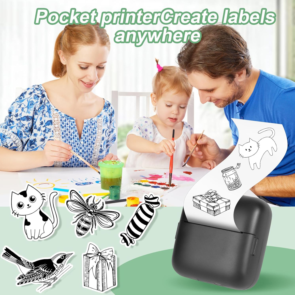 サーマルミニプリンター、ポータブルインクレスステッカーメーカー、フリーカットポケットプリンター、フォトラベルメモ印刷タグBluetoothプリンター
