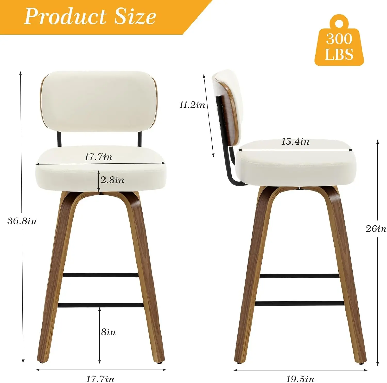 Swivel Counter Height Bar Stools Set of 4, 26" Upholstered Faux Leather Barstools,Mid Century Modern Chair Island ,Cream White