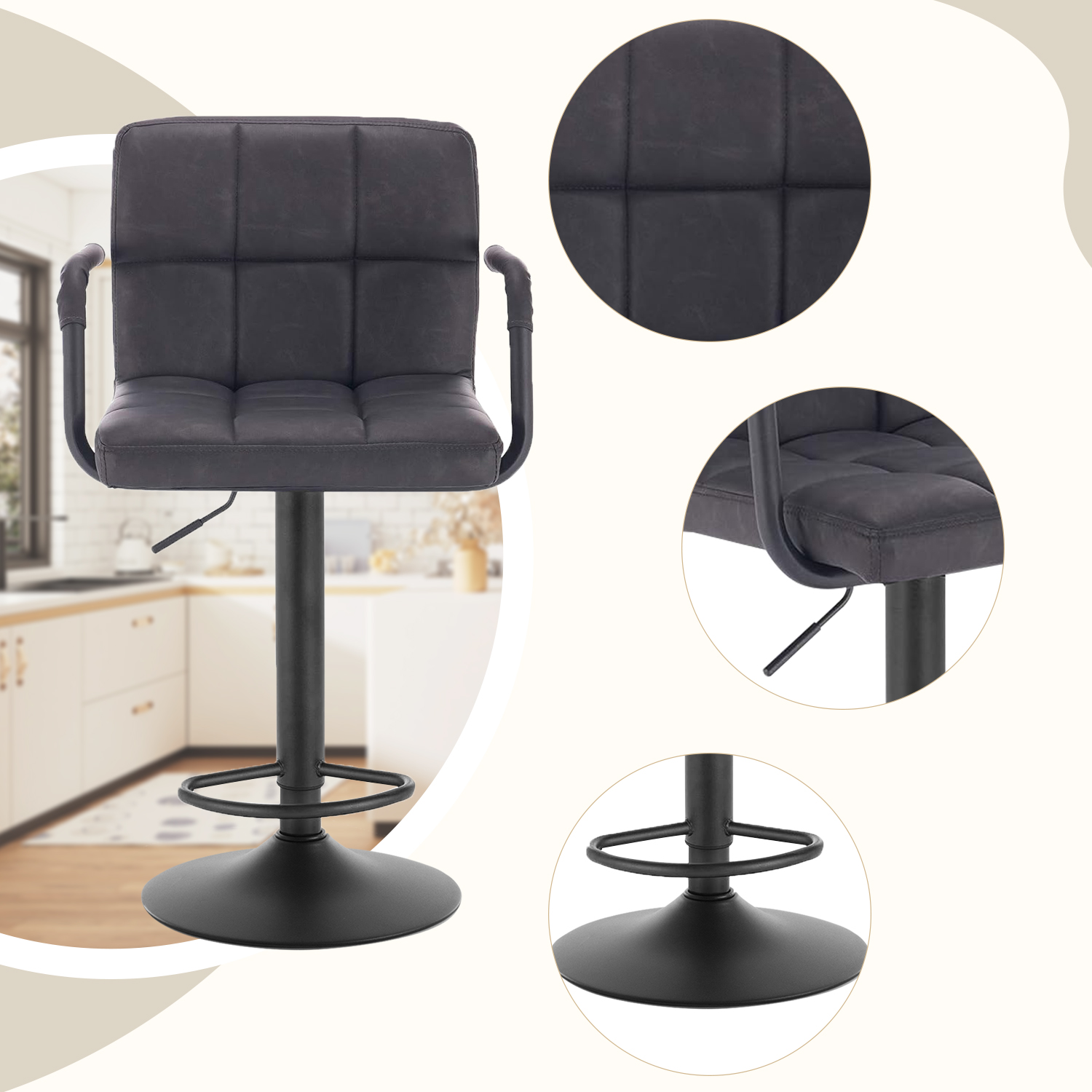 WOLTU 2PCS Velvet Bar Stool Height-Adjustable Rotatable Bar Counter Chair with Backrest Padded Seat Armrest Dining Kitchen Chair