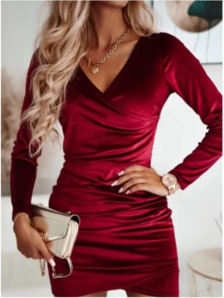 Dame Bodycon Einfarbig Samt Kleid Frauen V-ausschnitt Mit Langen Ärmeln Mini Kleid Herbst Winter Party Luxus Kleid