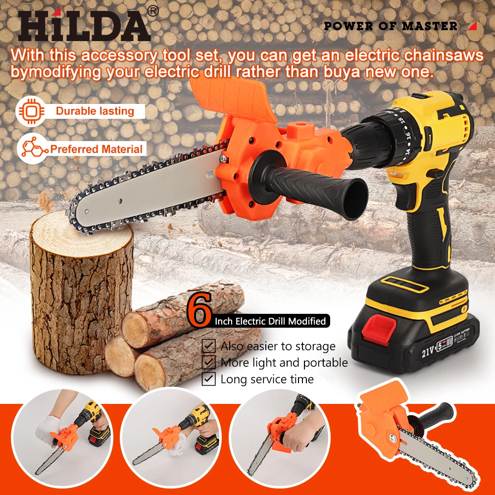 HILDA-taladro eléctrico de 4/6 pulgadas, adaptador de sierra de cadena eléctrica, kits de cabezales de conversión portátiles, herramientas de poda para carpintería
