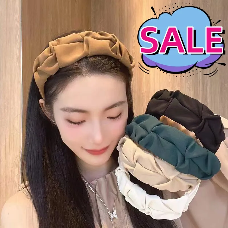 Bando simpai rambut Fashion baru untuk wanita gadis lipit tepi lebar warna Solid ikat kepala lebar aksesori rambut hiasan kepala