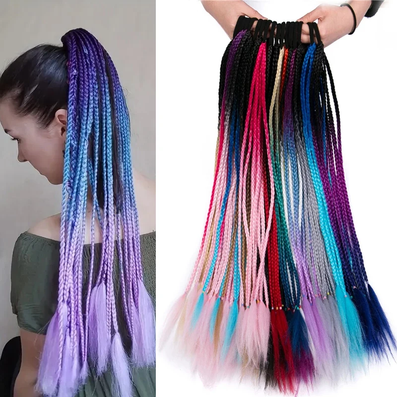 WIGSIN 24Inch Synthetische Lange Ombre Regenboog Box Braid Paardenstaart Haarverlenging voor Vrouwen Rubberen Band Kapsel voor Vrouwen