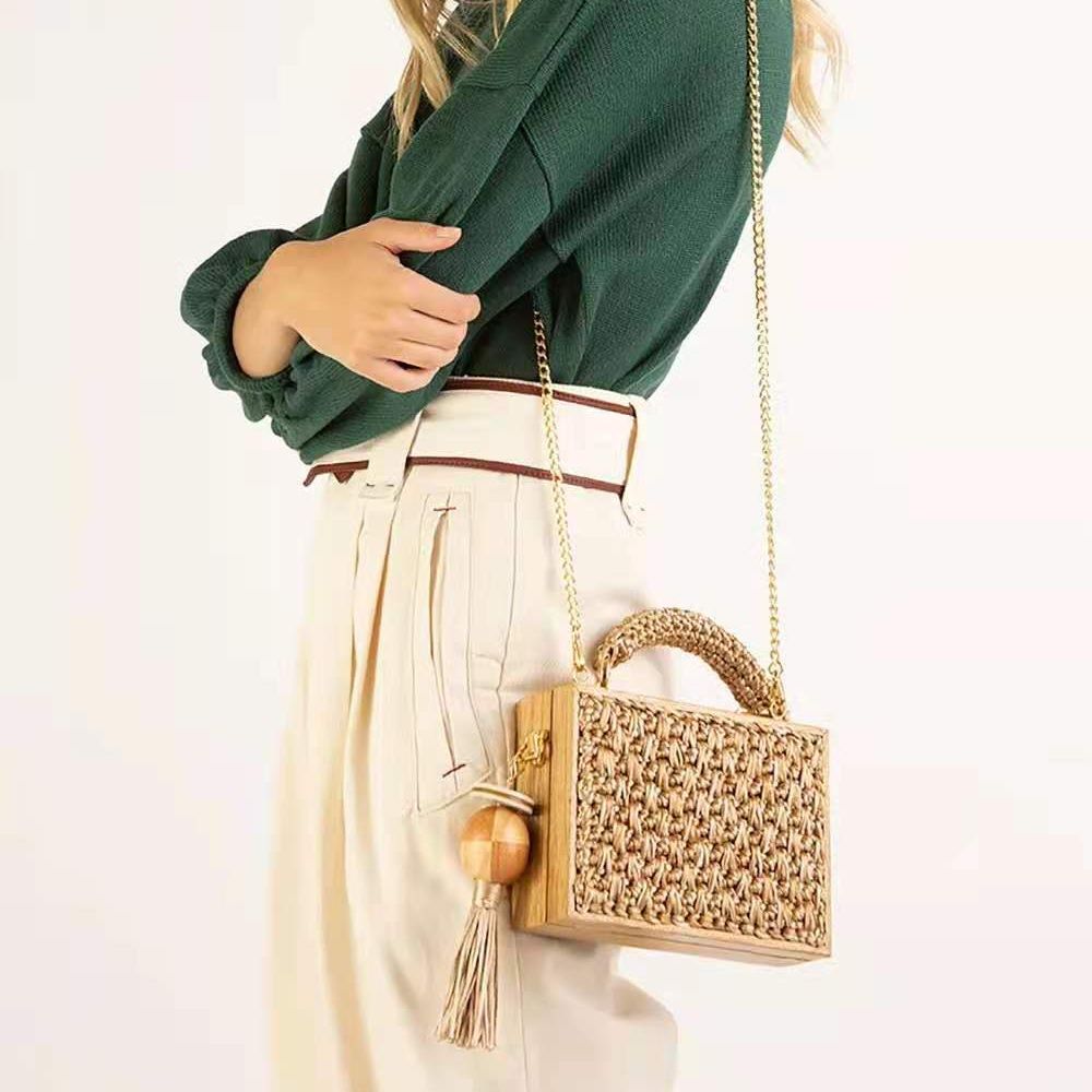 Tassel palha saco para as mulheres, mão saco, corda do rattan, correia de corrente quadrada, tote praia, crossbody, moda, verão, 2024