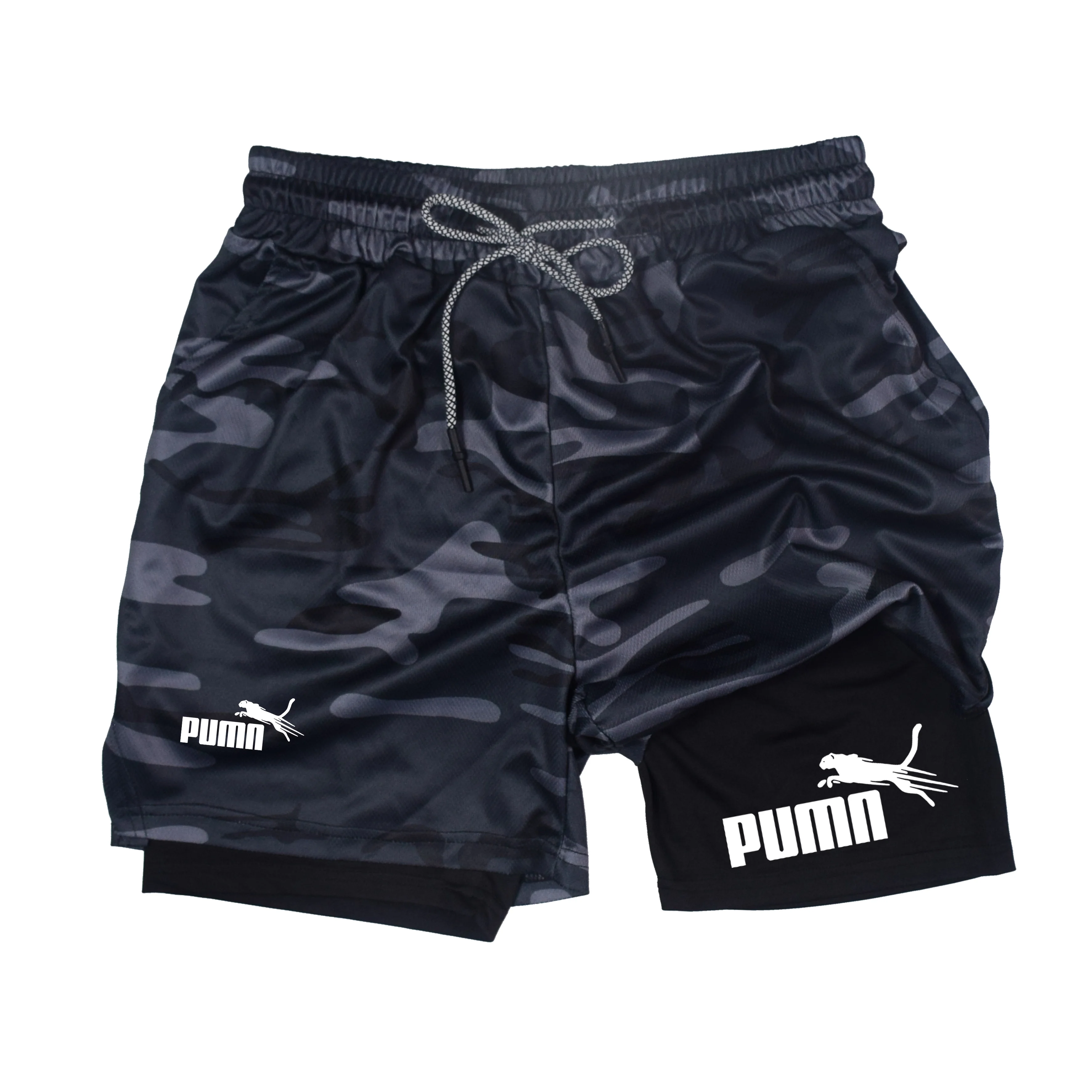 Pantalones cortos transpirables de doble capa dos en uno de verano, pantalones cortos de compresión elástica para hombre, pantalones cortos multifuncionales de secado rápido M-3XL