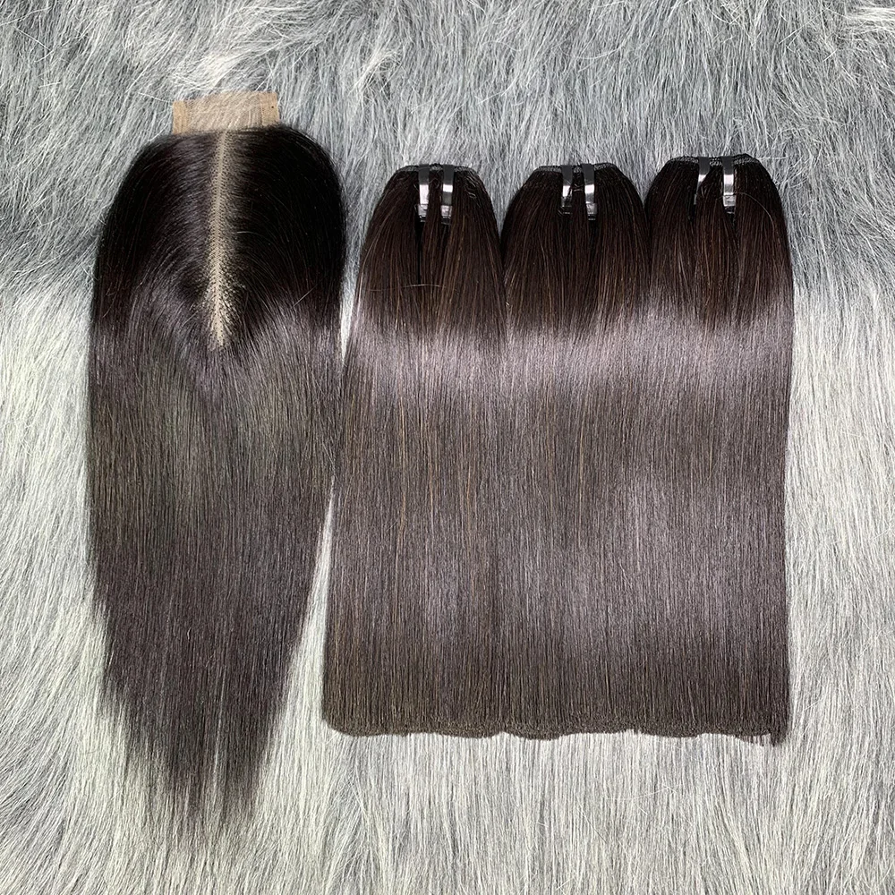 Bone Straight Raw Cabelo Humano Pacotes com Fecho, 100% 12A, Natural Black, 2x6 Lace, Kim K, 3 Pacotes