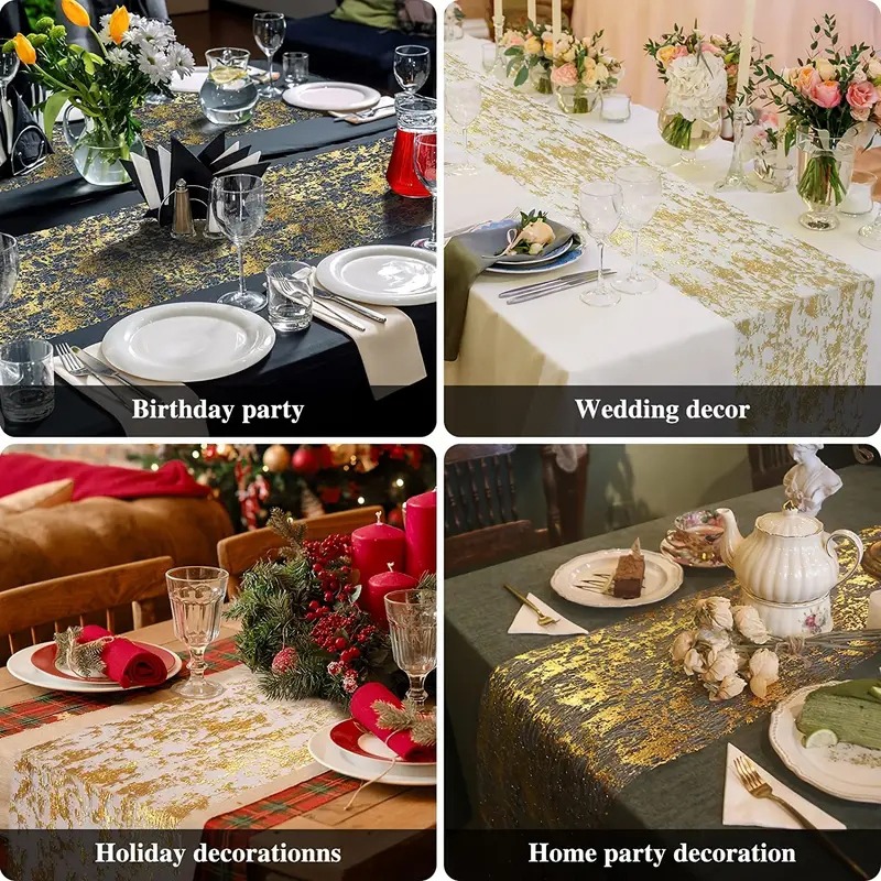 Golden Table Runner งานแต่งงานตกแต่ง Gold Table Runner Party Goldfoil ตาข่ายเลื่อมม้วนผ้าปูโต๊ะรับประทานอาหารงานแต่งงานวันเกิด