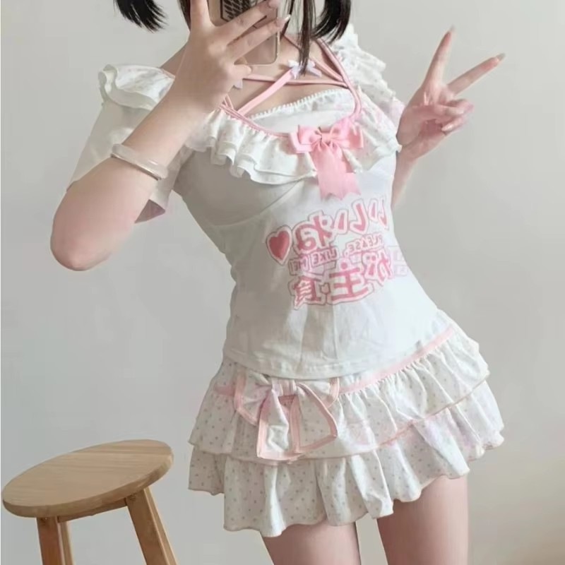 Deeptown Harajuku Y2k Лолита мини-юбка женская с бантом в японском стиле Kawaii плиссированные юбки милые торт с оборками многослойные юбки