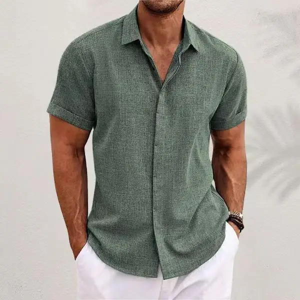 Camisa blanca de manga corta de algodón y lino para hombre, Top básico cómodo de Color sólido, blusas informales con botones negros para hombre