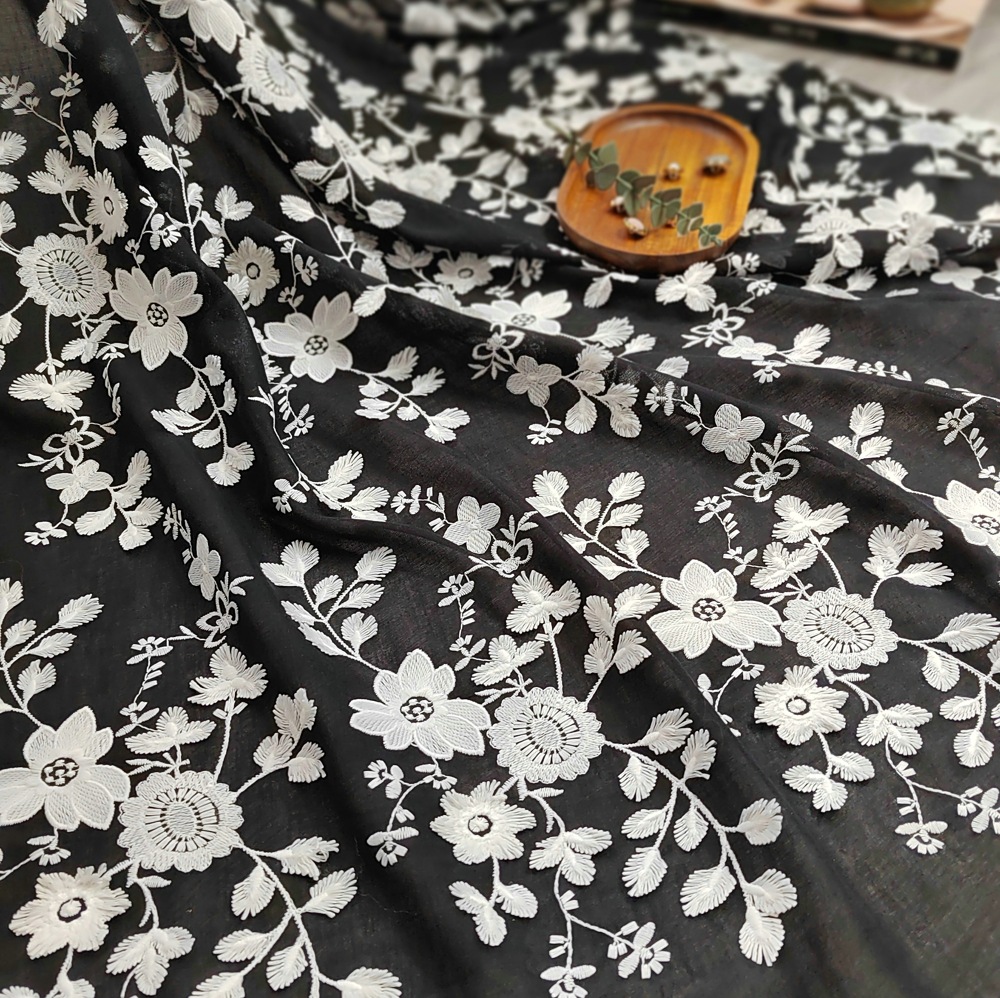 Tela de encaje bordado con ojales para mujer, ropa delicada bordada, algodón mezclado, blanco y negro flotante 3D