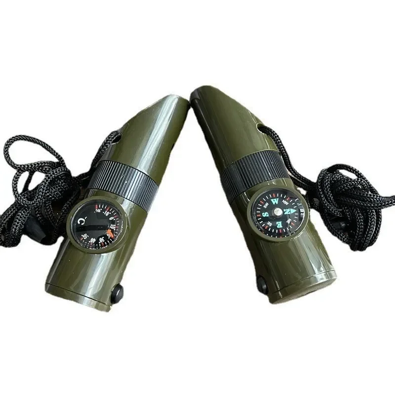 7 In 1 Jungle Survival Fluit Wandelen Fluit Kompas Spiegel Zaklamp Vergrootglas Led Licht Thermometer Opslag Kompas Tool
