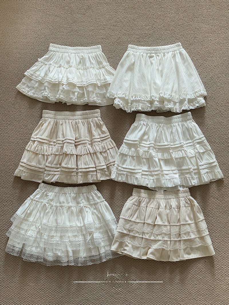 Saia Curta de Renda Doce Branca Estilo Bailarina Puffada  Saia de Meninas de Crimento Médio Cintura Alta Saia em A Mis...