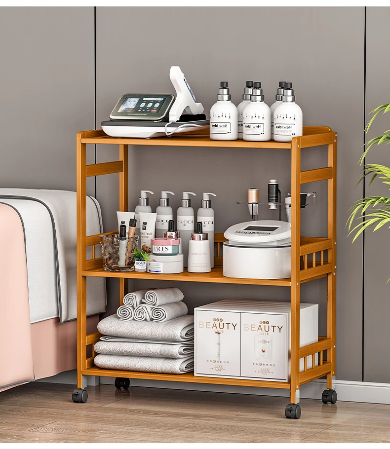 Semplice armadietto per bellezza in bambù Carrello per salone di grande capacità Porta strumenti cosmetici a più livelli Portaoggetti per strumenti per parrucchieri