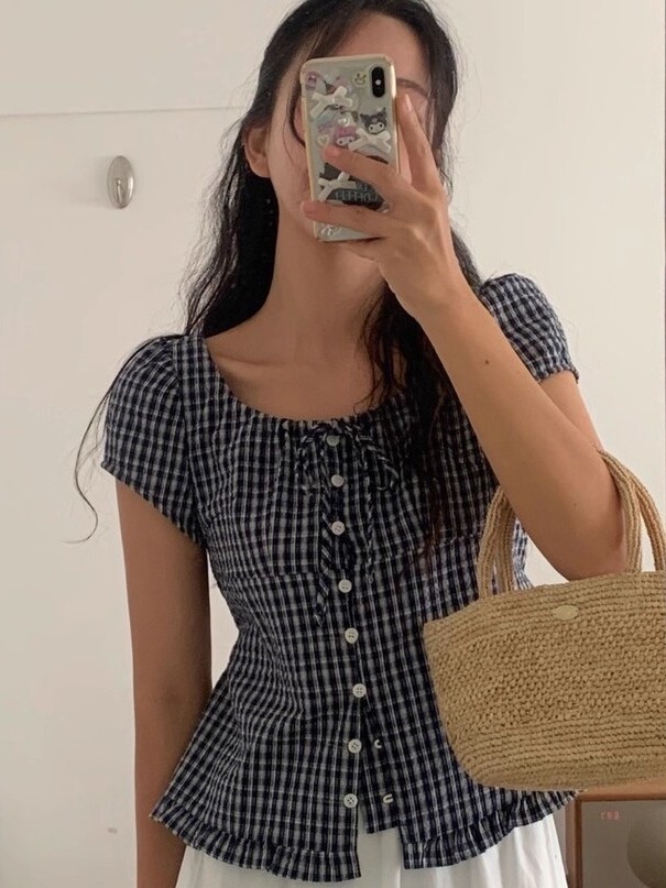 Csa Fena Coreana de Manga Curta com Estampa Xadrez Doce, Design Versátil, Efeito Emaecedor, Nova Chegada de Verão, E...