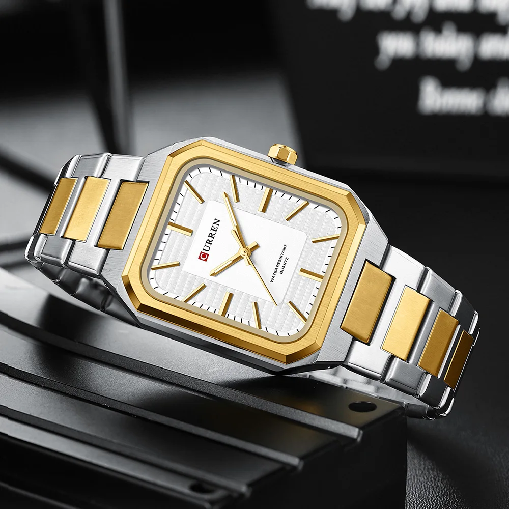CURREN 8457 Relógio quadrado minimalista com pulseira de aço à prova d'água para casal relógio masculino e feminino com mostrador de barra
