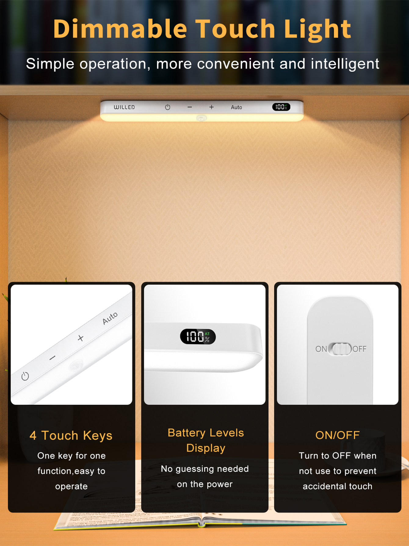 WILLED Warm licht Bewegingssensor Kastverlichting Batterijweergave 60 LED Touch Light Bar Draadloos oplaadbaar batterij-nachtlampje