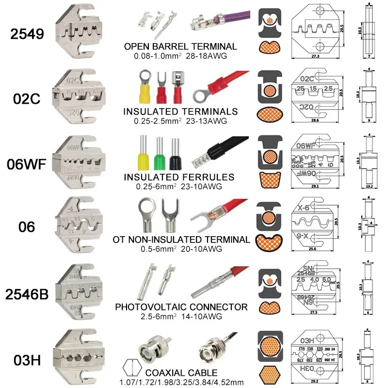 Jeu d'outils de sertissage pour bornes Dupont JST MOLEX, embouts non/pré-isolés, connecteurs bout à bout, connecteurs solaires et coaxiaux, SN-58B 6 mâchoires