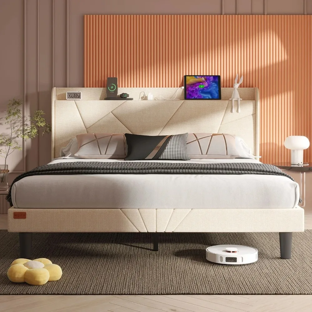 Queen Bed Frame with Charging Station, Upholstered Platform Bed with Wingback Storage Headboard, Beige