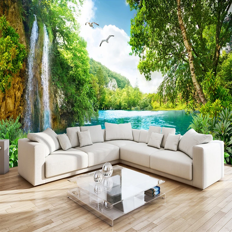 Custom 3D ภาพจิตรกรรมฝาผนังวอลล์เปเปอร์ตกแต่งบ้านสีเขียวภูเขาน้ําตกธรรมชาติภูมิทัศน์ 3D วอลล์เปเปอร์สําหรับห้องนั่งเล่นห้องนอน