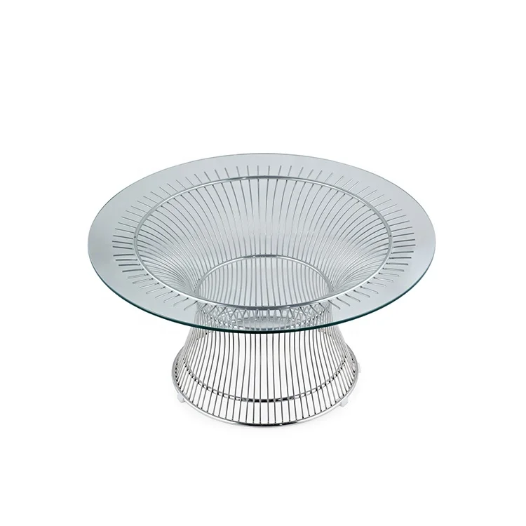 Mesa de centro redonda de vidro com design moderno, mesa lateral de aço inoxidável para sala de estar, mesa central clássica