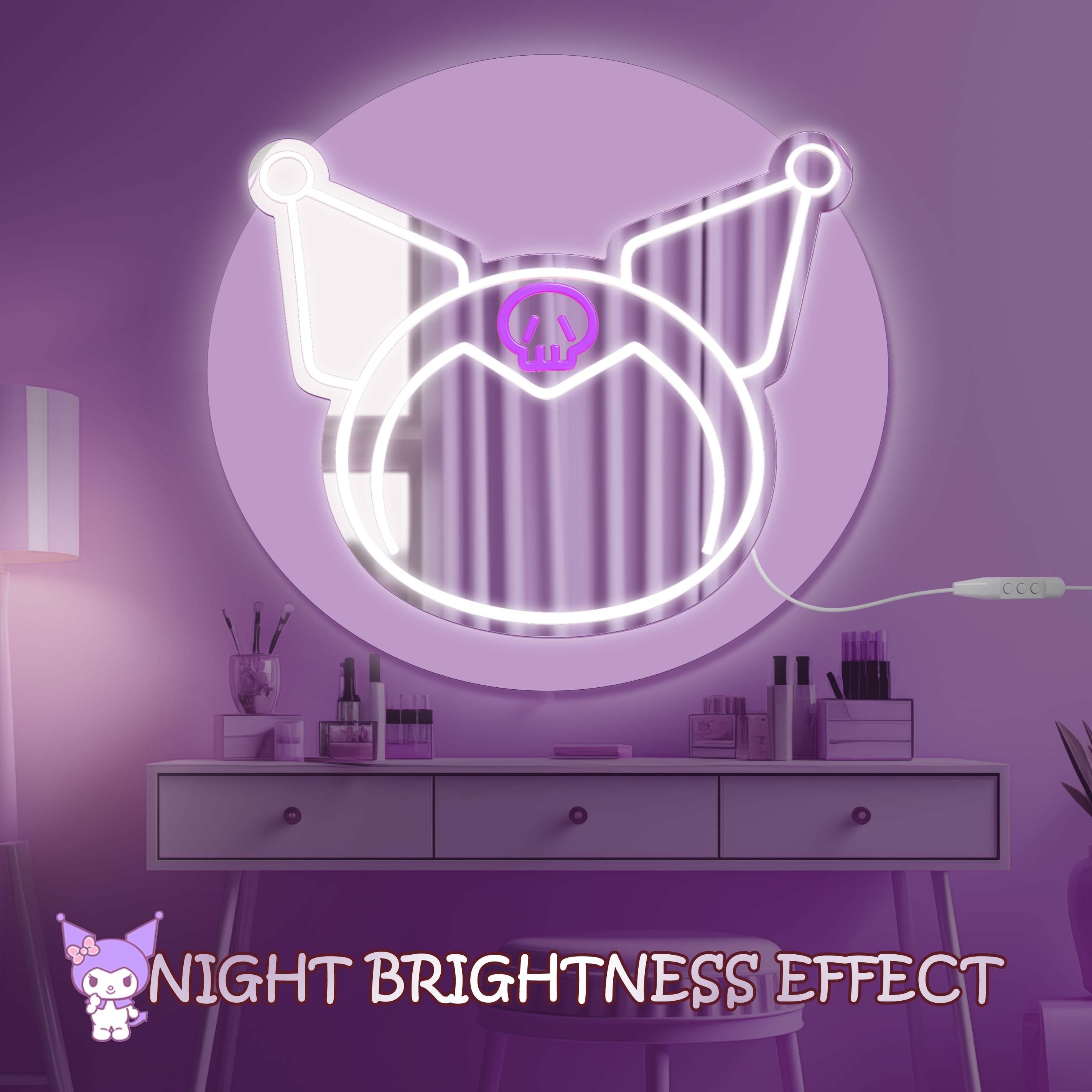 Sanrio Kuromi 보라색 장식 거울 네온 불빛 밝기 조절 가능한 장식 룸 테마 침실 메이크업 거울 생일 선물