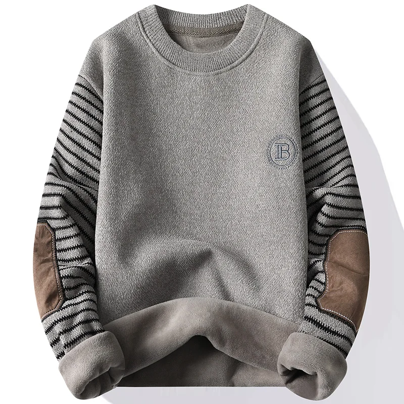 Herrenpullover Patchwork Rundhalspullover Fleece gefüttert Dicke warme Winterstrickwaren Modepullover Herrenbekleidung