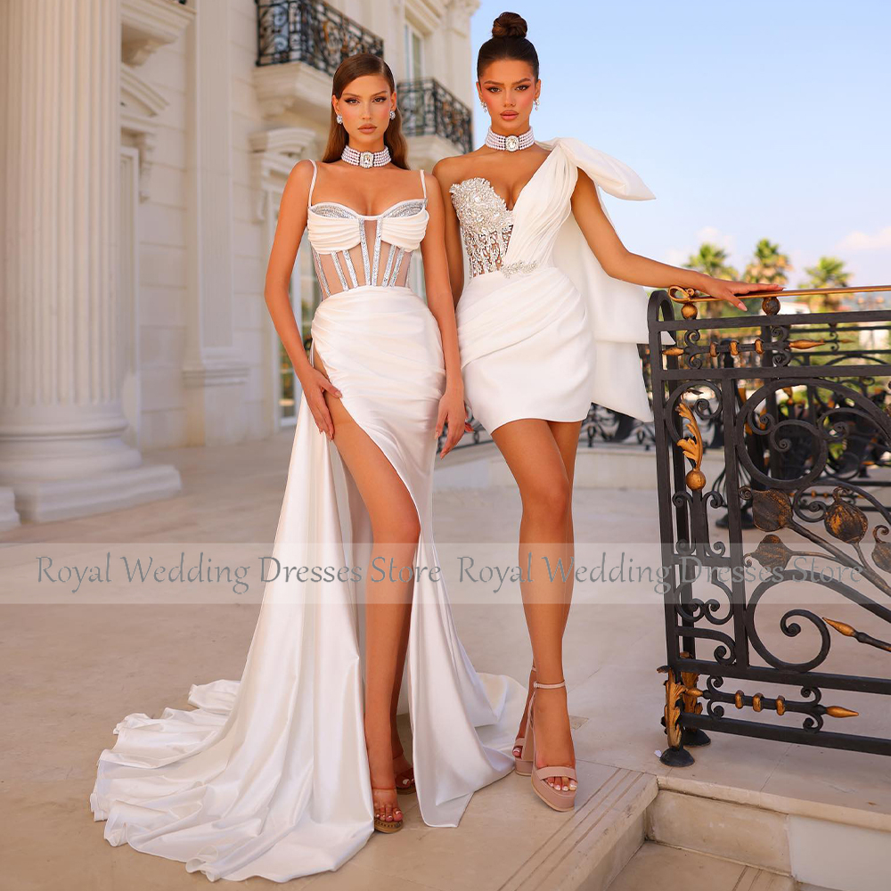 Luxuriöse Brautkleider aus weißem Satin mit großer Schleife, eine Schulter, Kristall-Brautkleider, Mini-Etui/Säule, ziviles Brautkleid, kurz, 2023