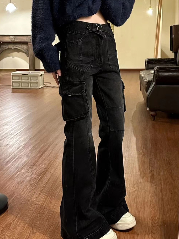 Pantalones vaqueros acampanados negros para mujer de oficina de calle, pantalones vaqueros ajustados con campana, pantalones vaqueros de moda Gyaru con múltiples bolsillos, Retro americano de los años 2000