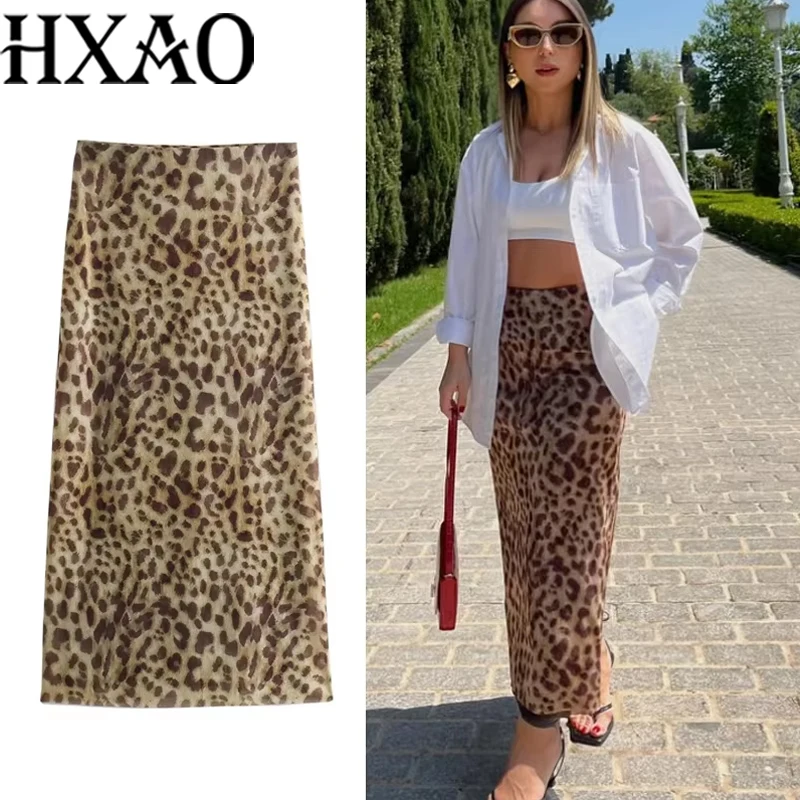 HXAO Gonne leopardate in tulle per le donne Gonna lunga estiva vintage Donna Stampa Gonne da donna eleganti Gonne sexy a vita alta 088