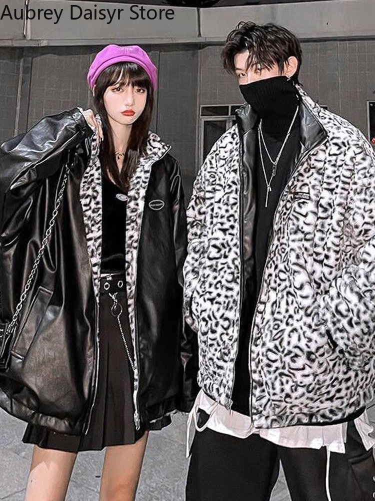 Winter Warme Leder Jacke Frauen Dicke Leopard Print Faux Lamm Pelzmantel Harajuku Schnee Lose Futter Reversible Tragen Mantel Weibliche
