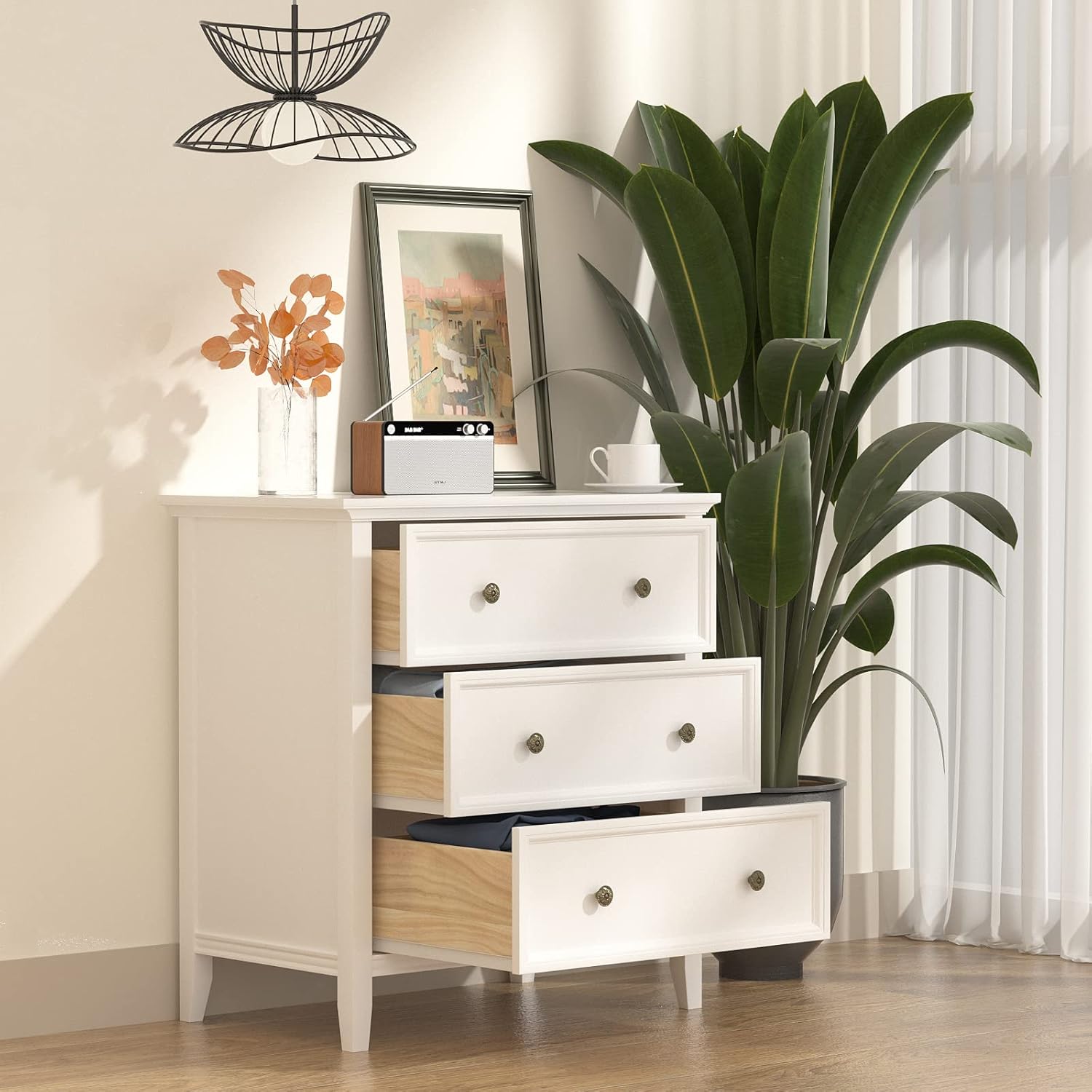 Nightstand with 3 Drawers and Charging Station, Solid Wood Dresser Organizer for Bedroom