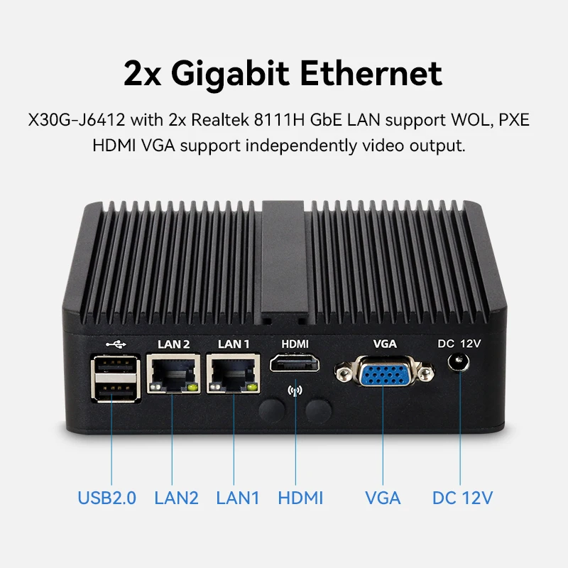 Mini PC industrial sem ventilador Intel Celeron J6412 J4125 J1900 2x COM RS232 RS485 2x GbE LAN 6x USB WiFi 4G LTE SIM Windows Linux