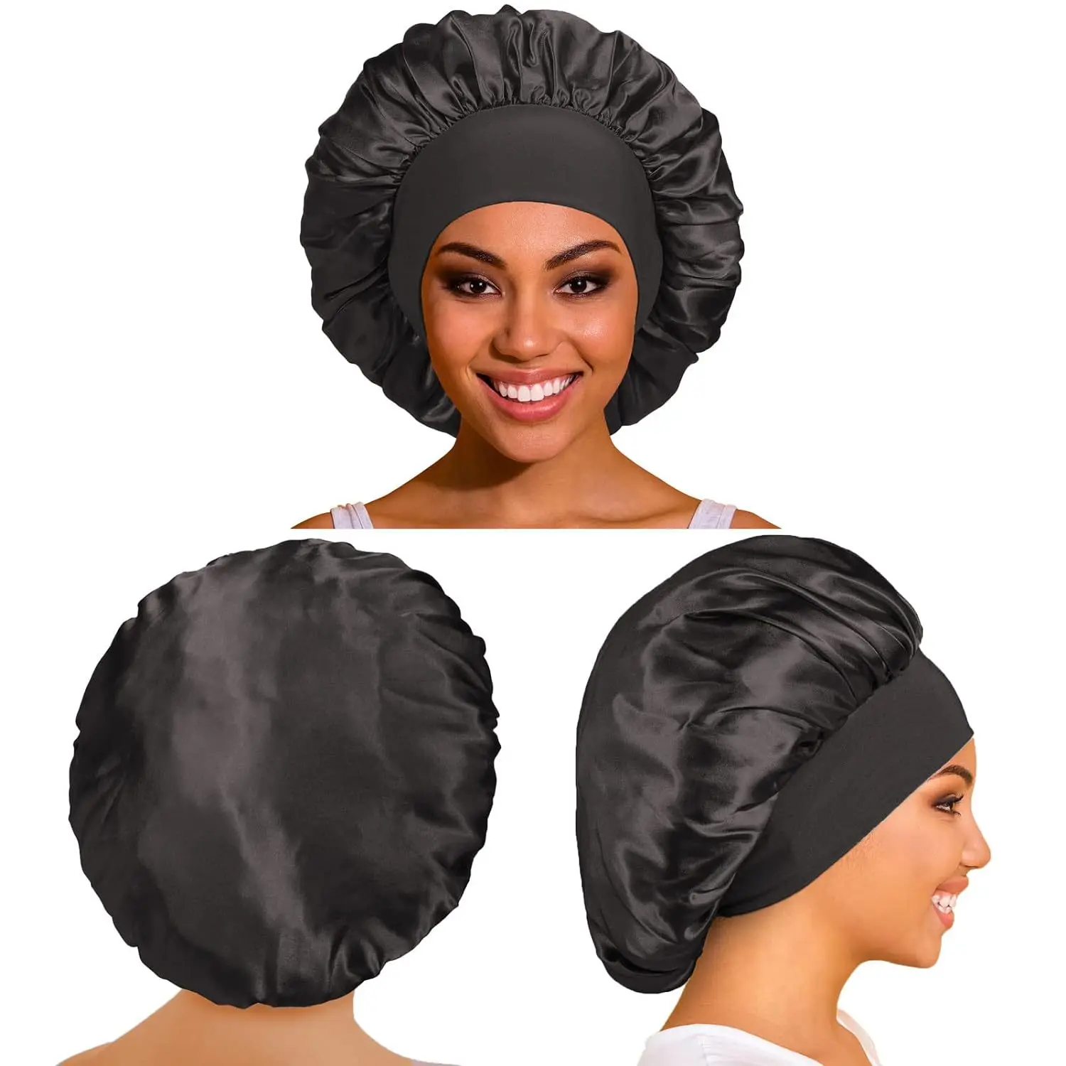 Gorros lisos de satén para mujer, gorro de baño para dormir de noche de ala ancha, gorro de banda elástica para la cabeza Unisex, gorro para el cuidado del cabello, 1 ud.