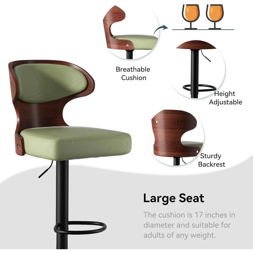 Bar Stools Set of 4 Seat Adjustable Height 24.5-33.5IN-Bentwood Swivel Barstools with Back&Footrest - PU Leather Upholstered