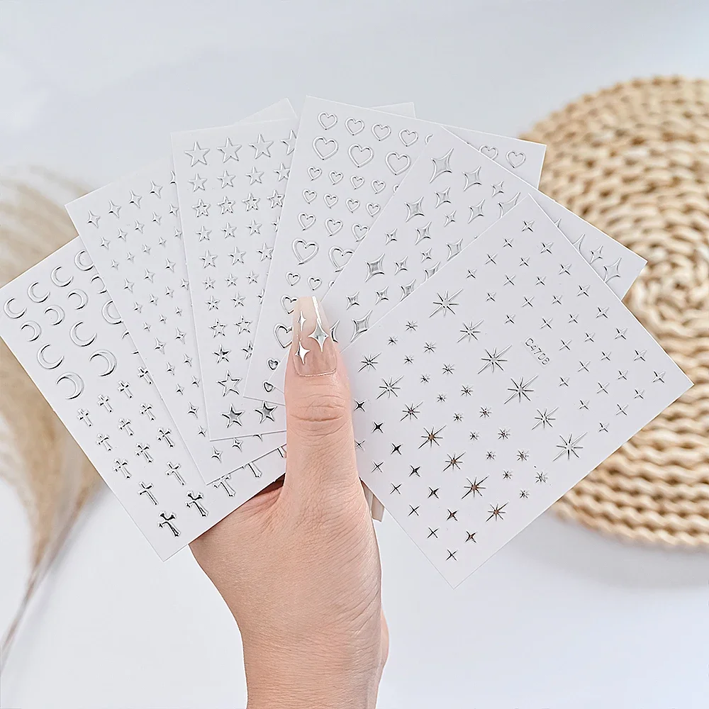 6 folhas de metal prata adesivos de unhas metálico 3d estrela adesivos de arte de unhas decalques autoadesivos adesivos de arte de unhas corrente de metal coração