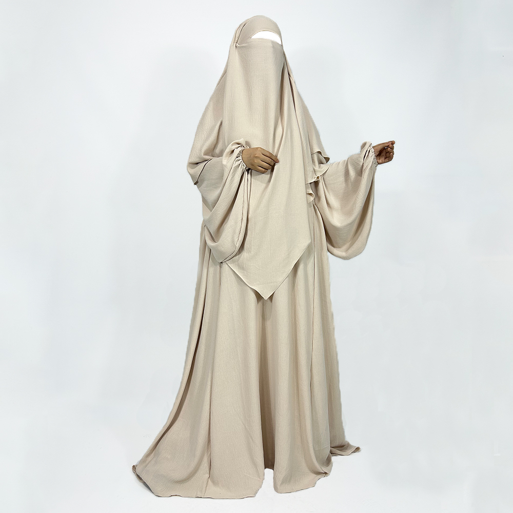 Abaya Khimar Set 2-teiliges Jazz-Krepp-Ballonärmel-Muslim-Kleid für Damen, Dubai, Luxus-Großhandel, Gebet, Jilbab, islamische Kleidung